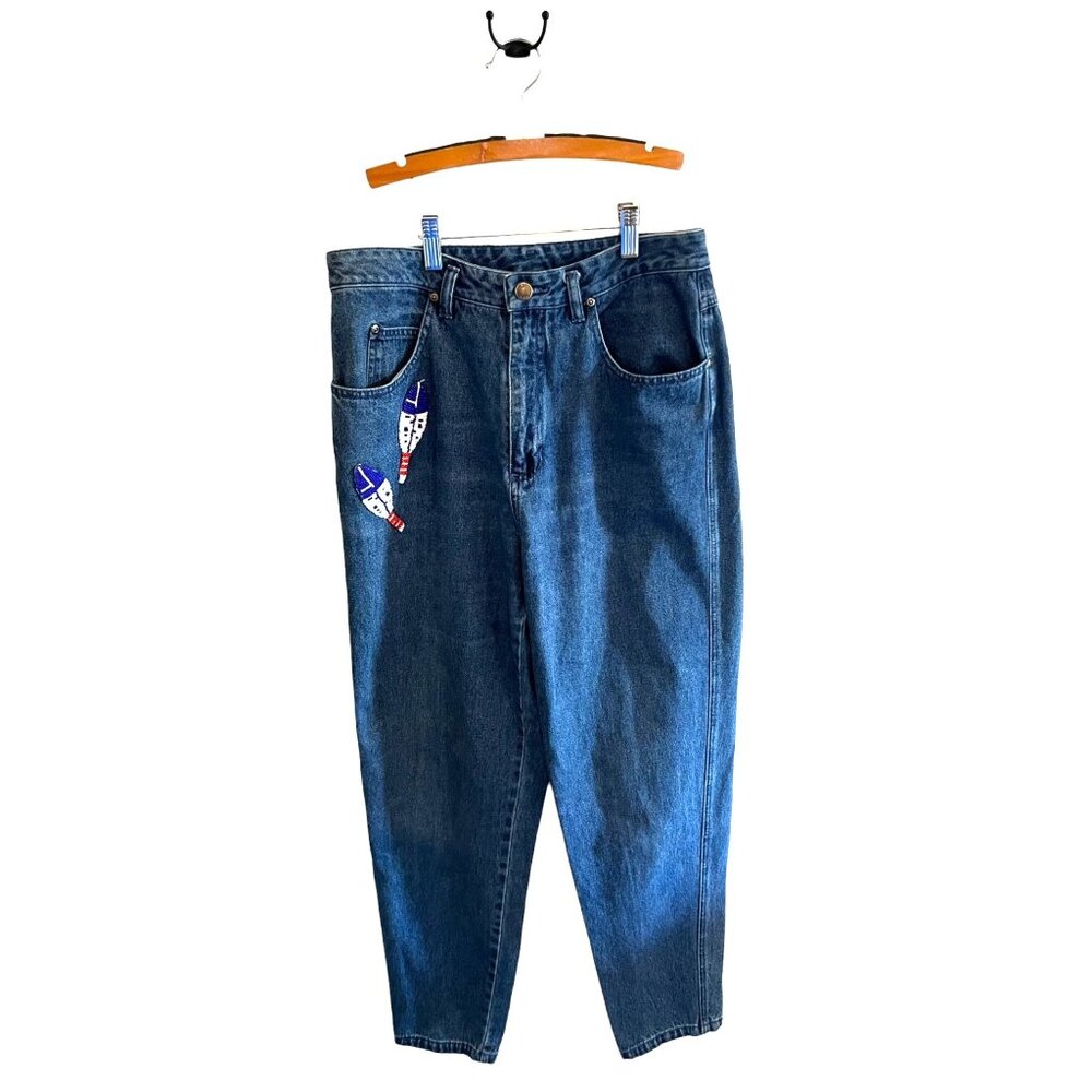 Vintage Chaus Sport High-Waisted Denim Jeans With Beaded Feather Accents